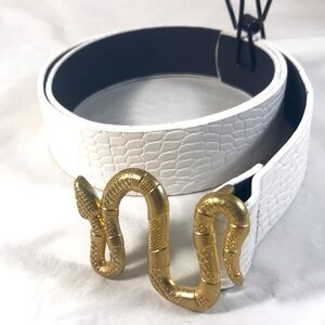 Women’s White Faux Leather Snake Print Belt Gold Toned Metal Coiled Snake Buckle